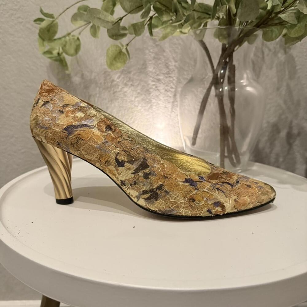 Timothy Hitsman Vintage 1980's Floral Lace Heel Gold Excellent 8.5 Women